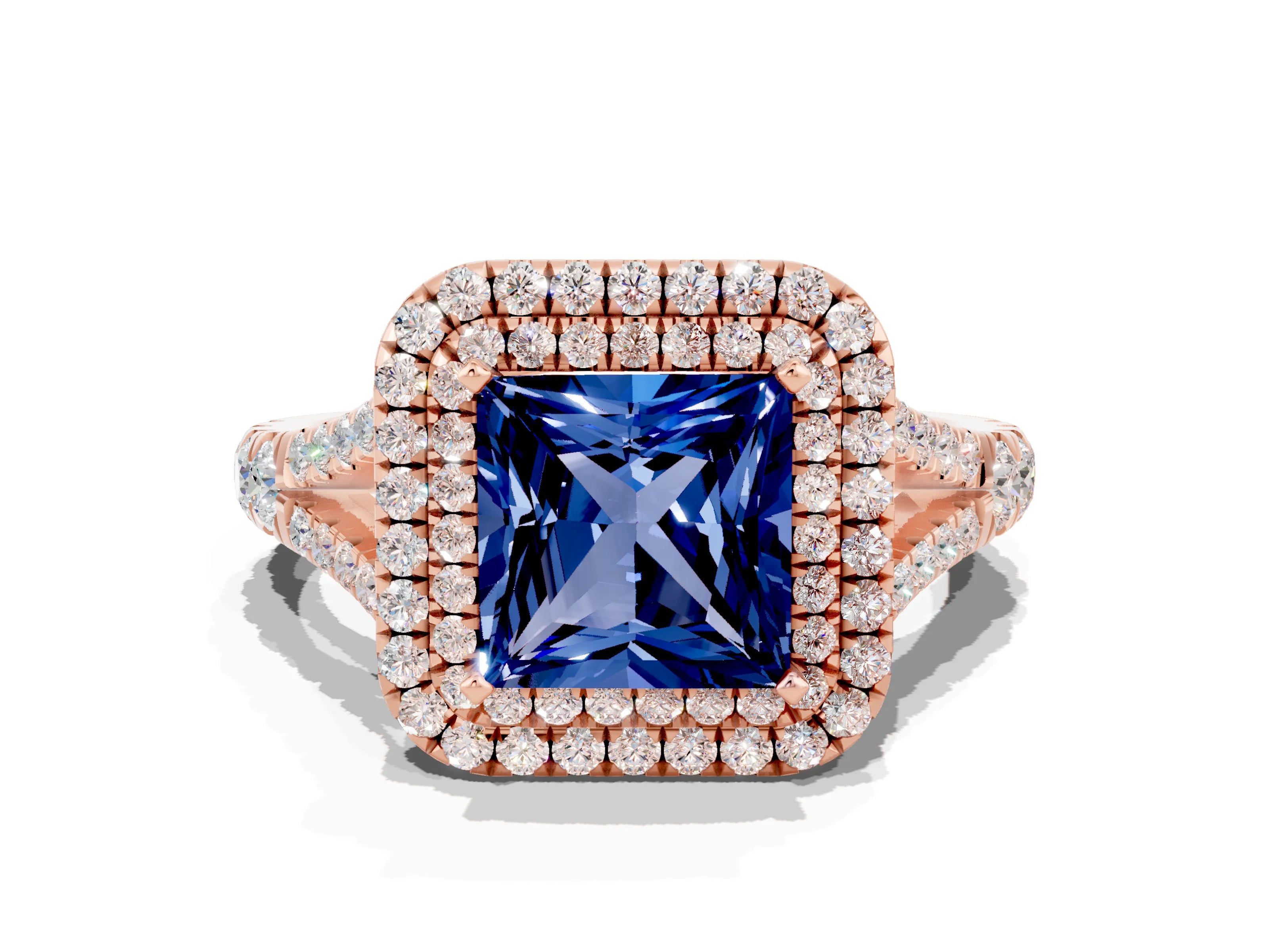 Rose gold Double Halo Princess Cut Blue Sapphire Pavé Split Shank Ring with Prong Setting