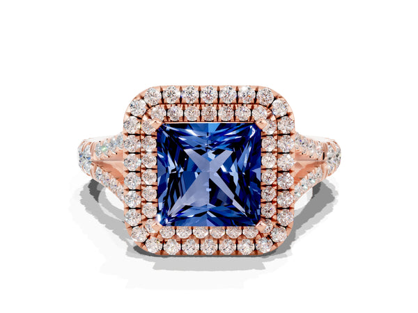 Rose gold Double Halo Princess Cut Blue Sapphire Pavé Split Shank Ring with Prong Setting