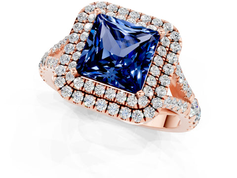 Rose gold Double Halo Princess Cut Blue Sapphire Pavé Split Shank Ring with Prong Setting_1