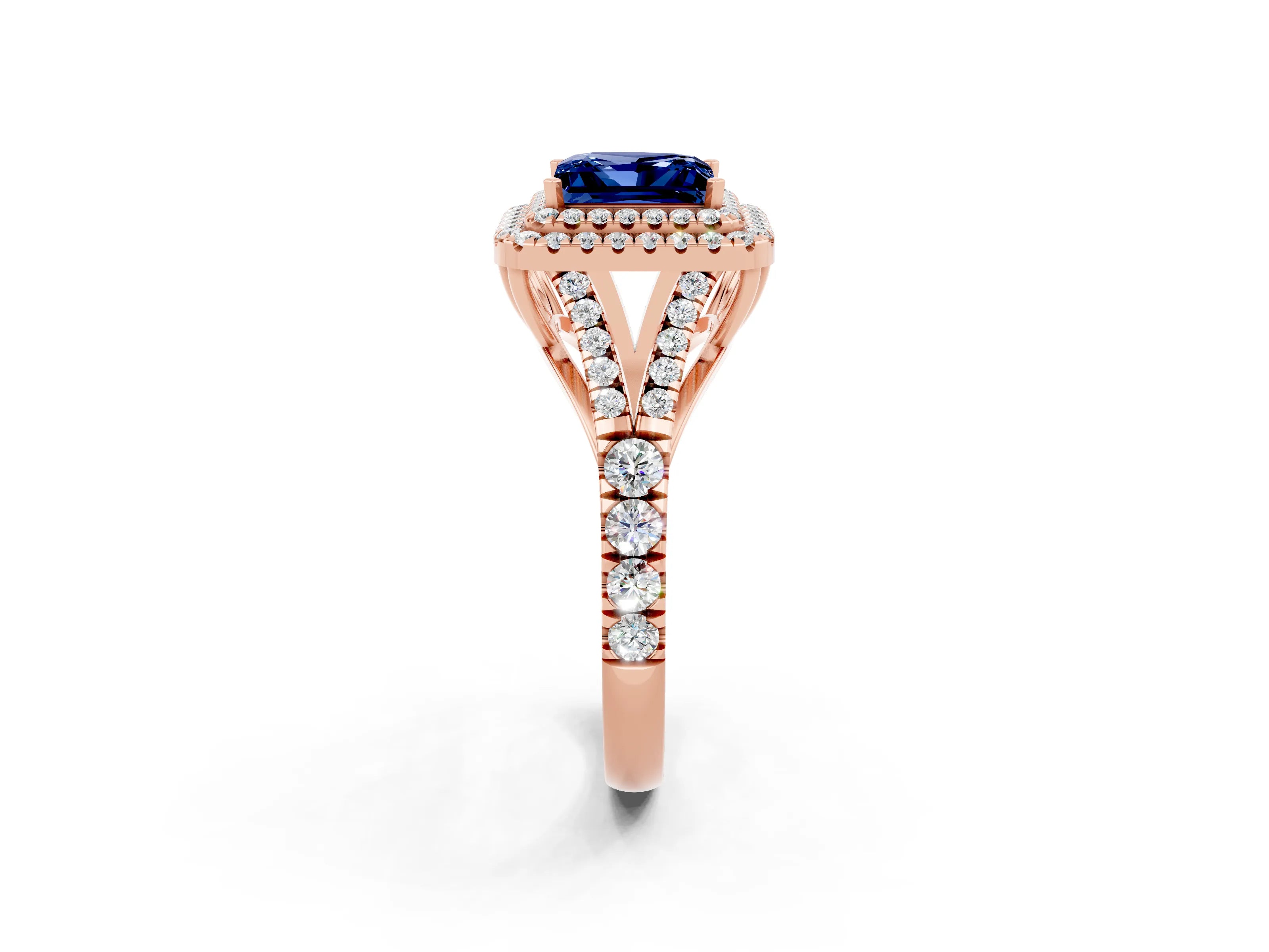 Rose gold Double Halo Princess Cut Blue Sapphire Pavé Split Shank Ring with Prong Setting_2