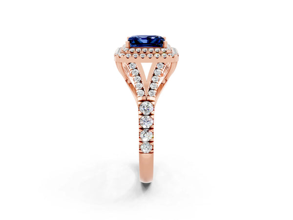 Rose gold Double Halo Princess Cut Blue Sapphire Pavé Split Shank Ring with Prong Setting