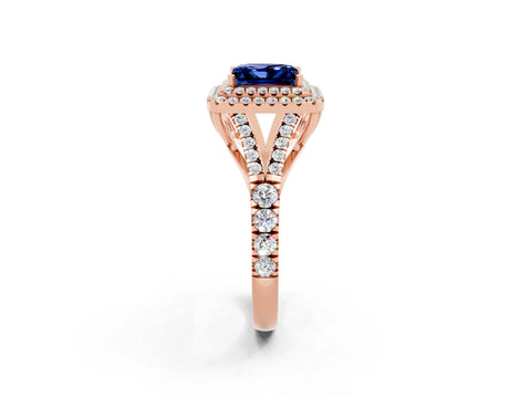 Rose gold Double Halo Princess Cut Blue Sapphire Pavé Split Shank Ring with Prong Setting_2