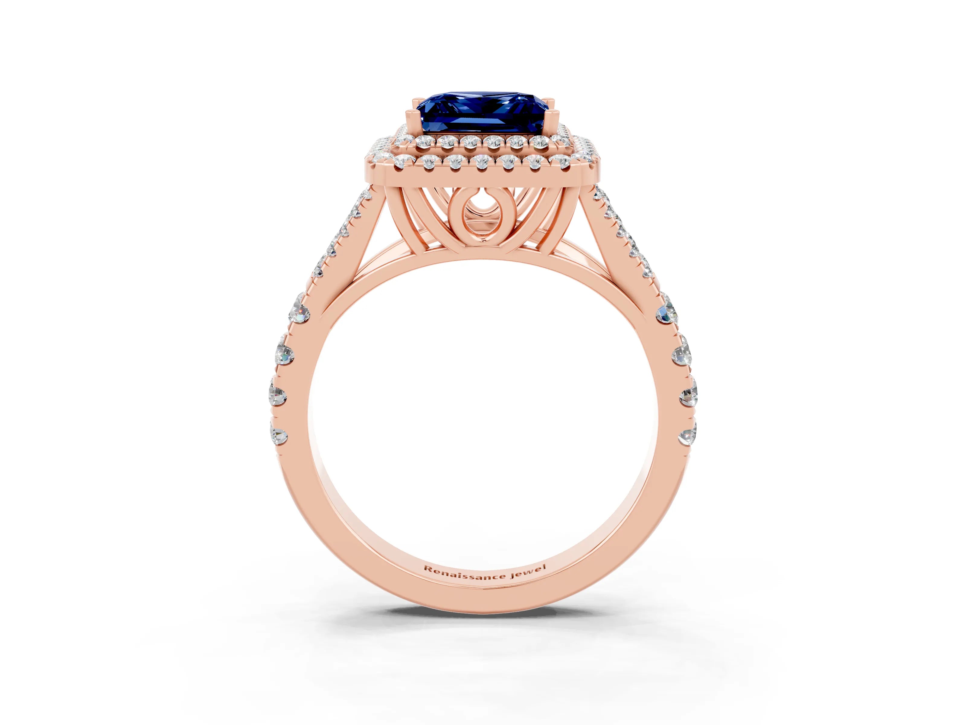 Rose gold Double Halo Princess Cut Blue Sapphire Pavé Split Shank Ring with Prong Setting_3