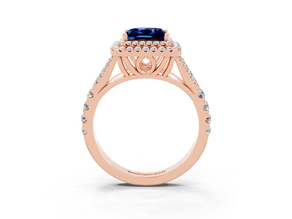 Rose gold Double Halo Princess Cut Blue Sapphire Pavé Split Shank Ring with Prong Setting