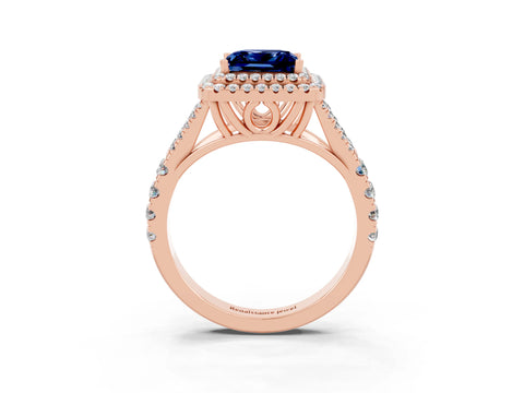 Rose gold Double Halo Princess Cut Blue Sapphire Pavé Split Shank Ring with Prong Setting_3