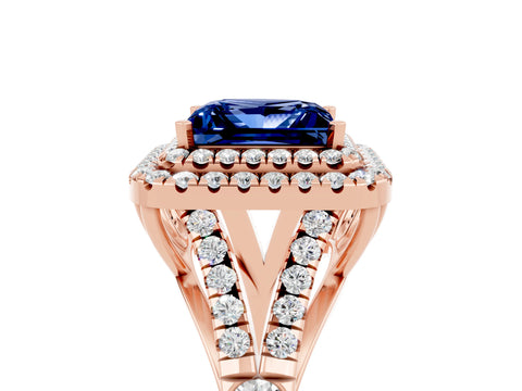Rose gold Double Halo Princess Cut Blue Sapphire Pavé Split Shank Ring with Prong Setting_5