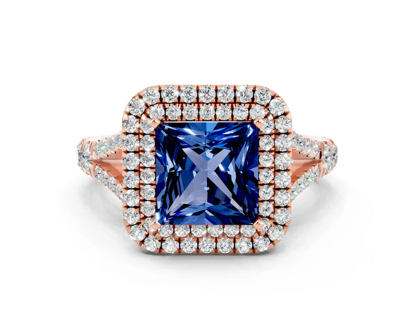 Rose gold Double Halo Princess Cut Blue Sapphire Split Shank Engagement Ring with Four-Prong Setting