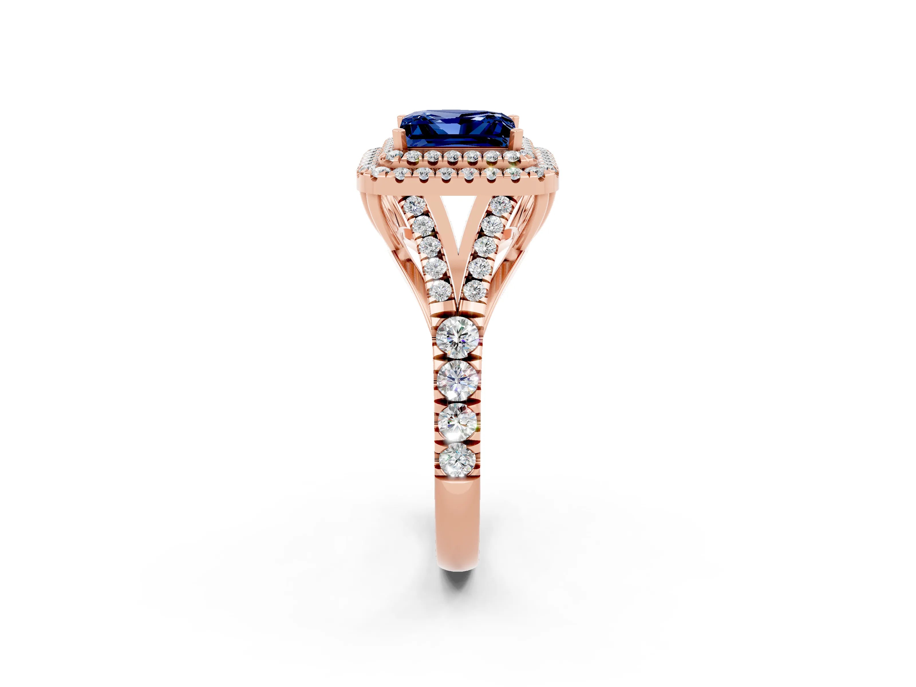 Rose gold Double Halo Princess Cut Blue Sapphire Split Shank Engagement Ring with Four-Prong Setting_2