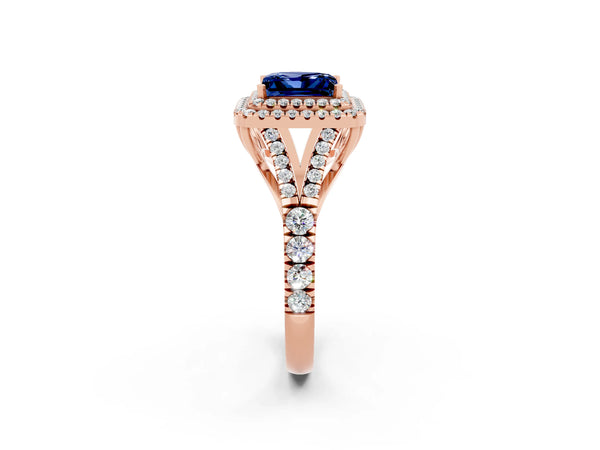 Rose gold Double Halo Princess Cut Blue Sapphire Split Shank Engagement Ring with Four-Prong Setting