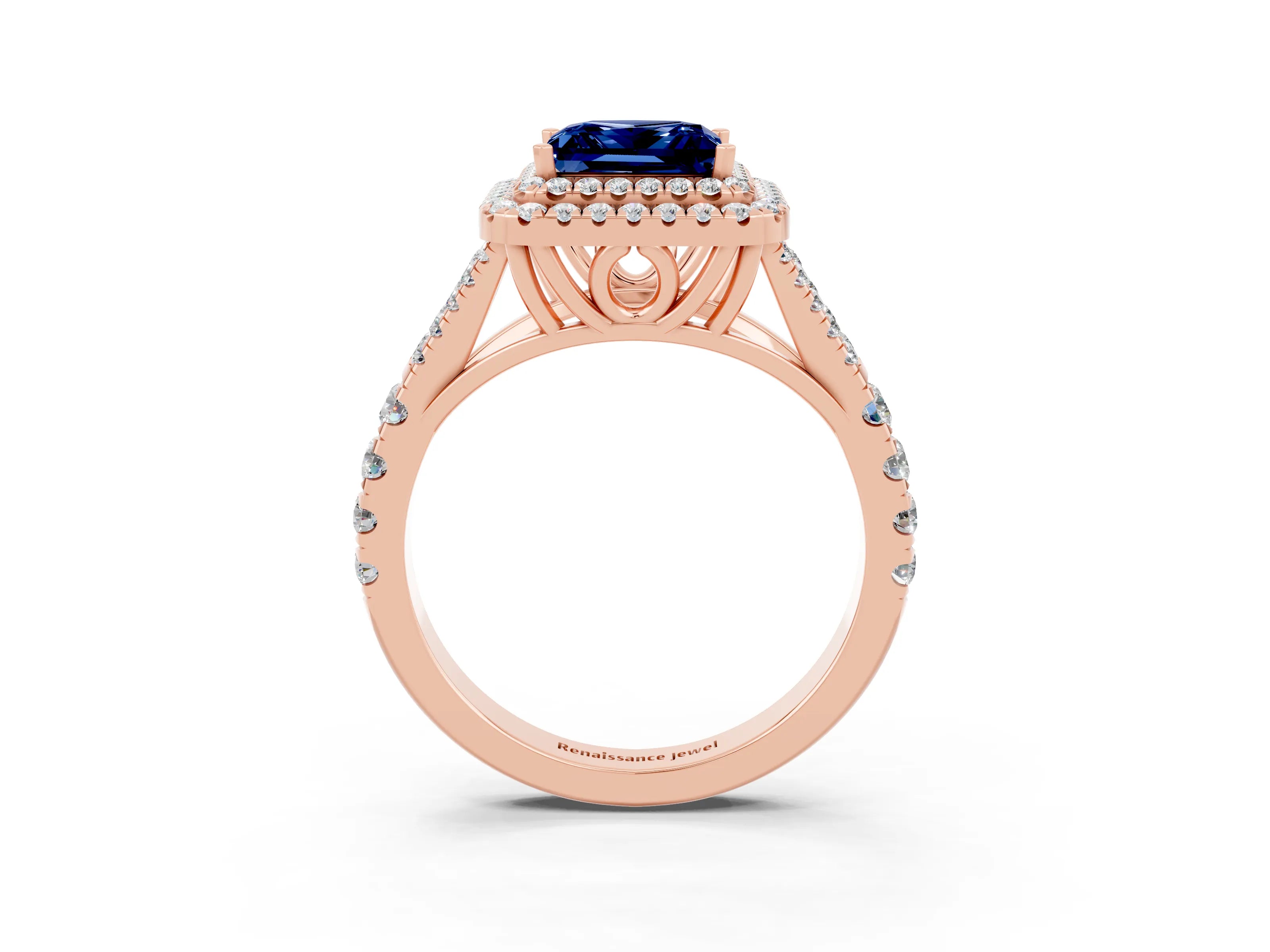 Rose gold Double Halo Princess Cut Blue Sapphire Split Shank Engagement Ring with Four-Prong Setting_3