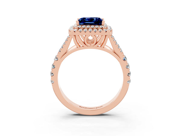 Rose gold Double Halo Princess Cut Blue Sapphire Split Shank Engagement Ring with Four-Prong Setting