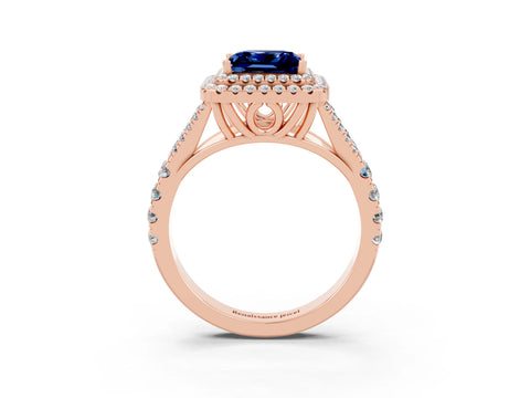 Rose gold Double Halo Princess Cut Blue Sapphire Split Shank Engagement Ring with Four-Prong Setting_3