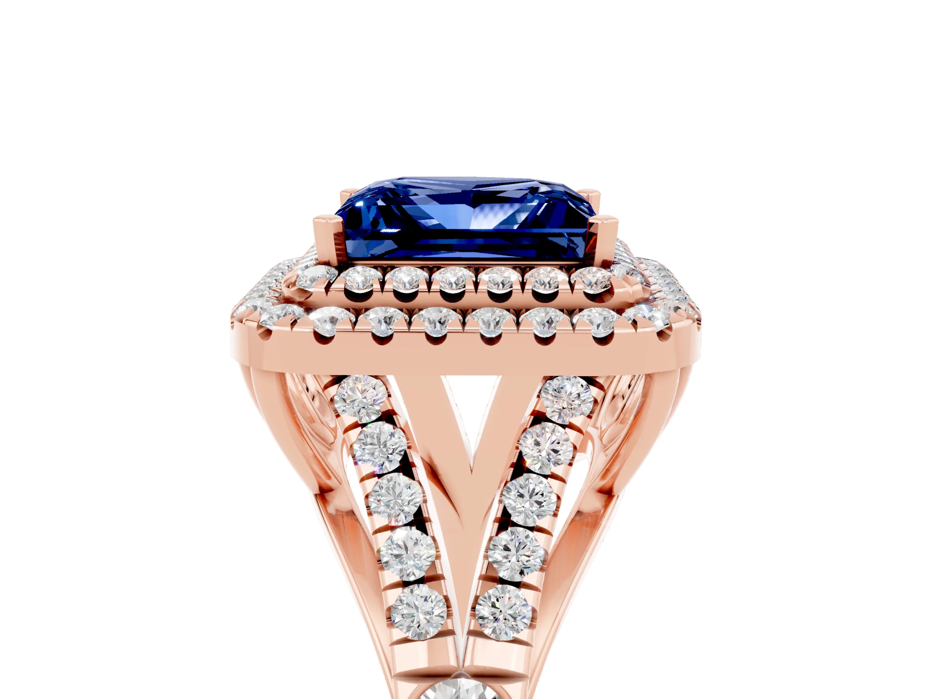 Rose gold Double Halo Princess Cut Blue Sapphire Split Shank Engagement Ring with Four-Prong Setting_5