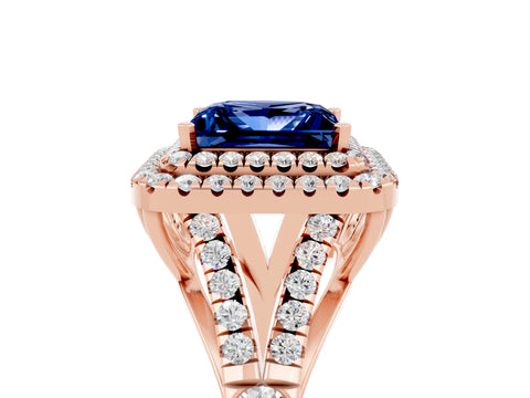 Rose gold Double Halo Princess Cut Blue Sapphire Split Shank Engagement Ring with Four-Prong Setting_5