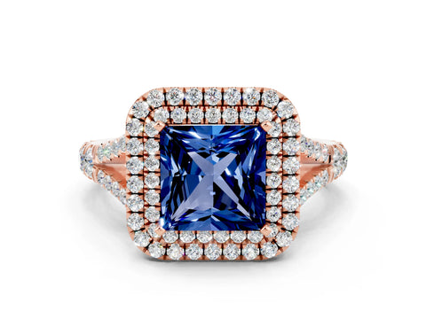 Rose gold Double Halo Princess Cut Blue Sapphire Split Shank Engagement Ring with Four-Prong Setting