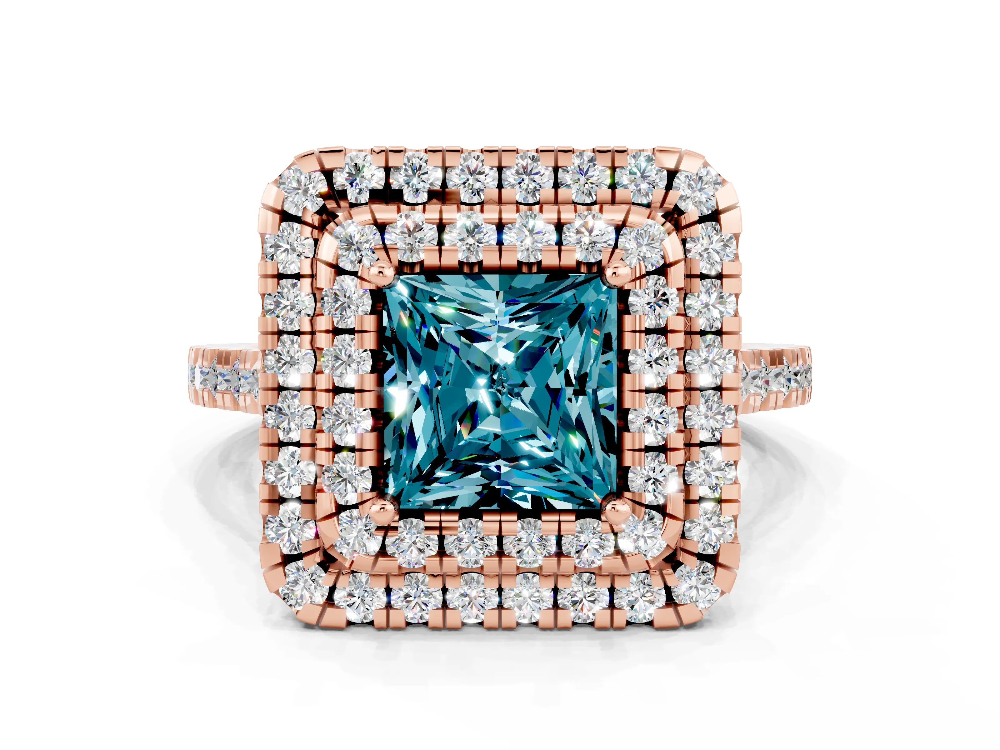 Rose gold Double Halo Princess Cut Blue Topaz Pavé Band with Four-Prong Setting