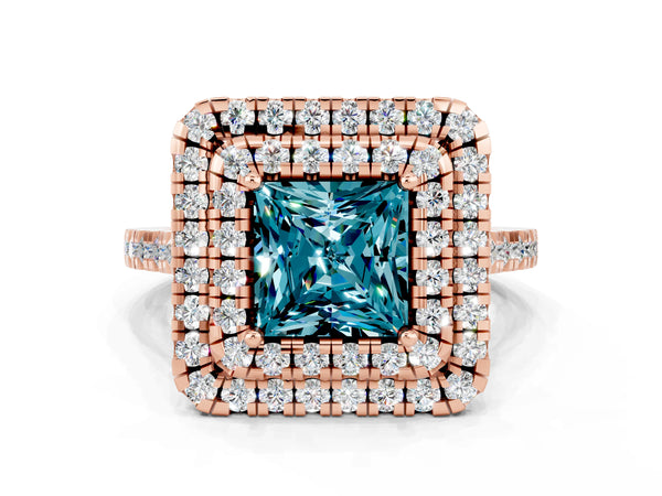 Rose gold Double Halo Princess Cut Blue Topaz Pavé Band with Four-Prong Setting