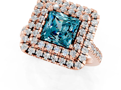 Rose gold Double Halo Princess Cut Blue Topaz Pavé Band with Four-Prong Setting_1
