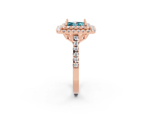 Rose gold Double Halo Princess Cut Blue Topaz Pavé Band with Four-Prong Setting