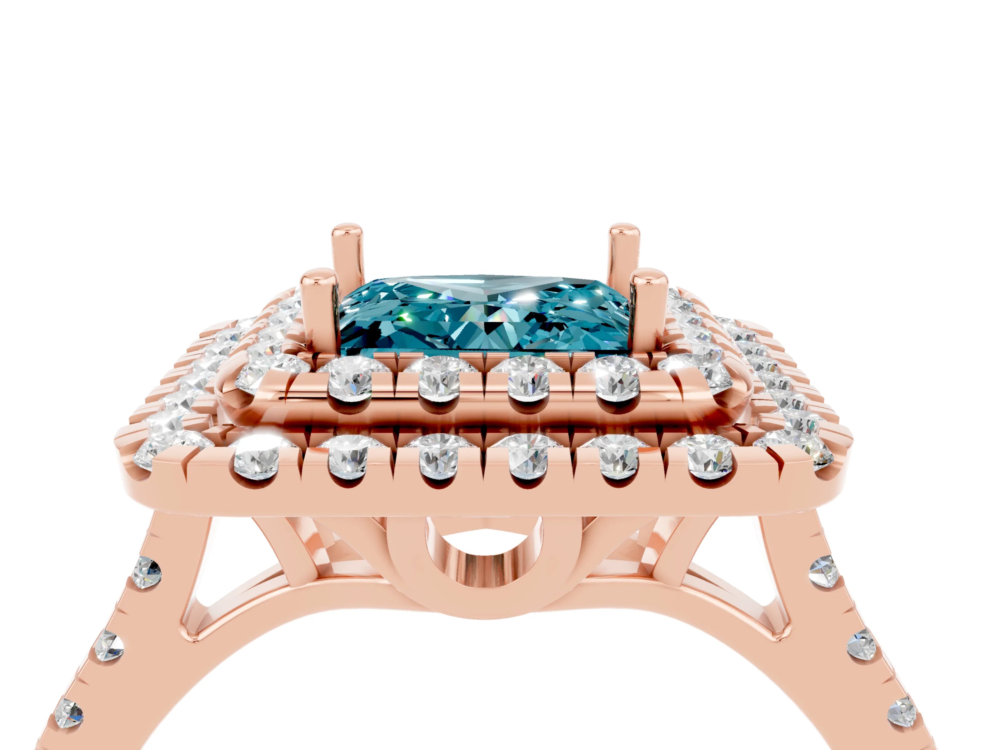 Rose gold Double Halo Princess Cut Blue Topaz Pavé Band with Four-Prong Setting_4