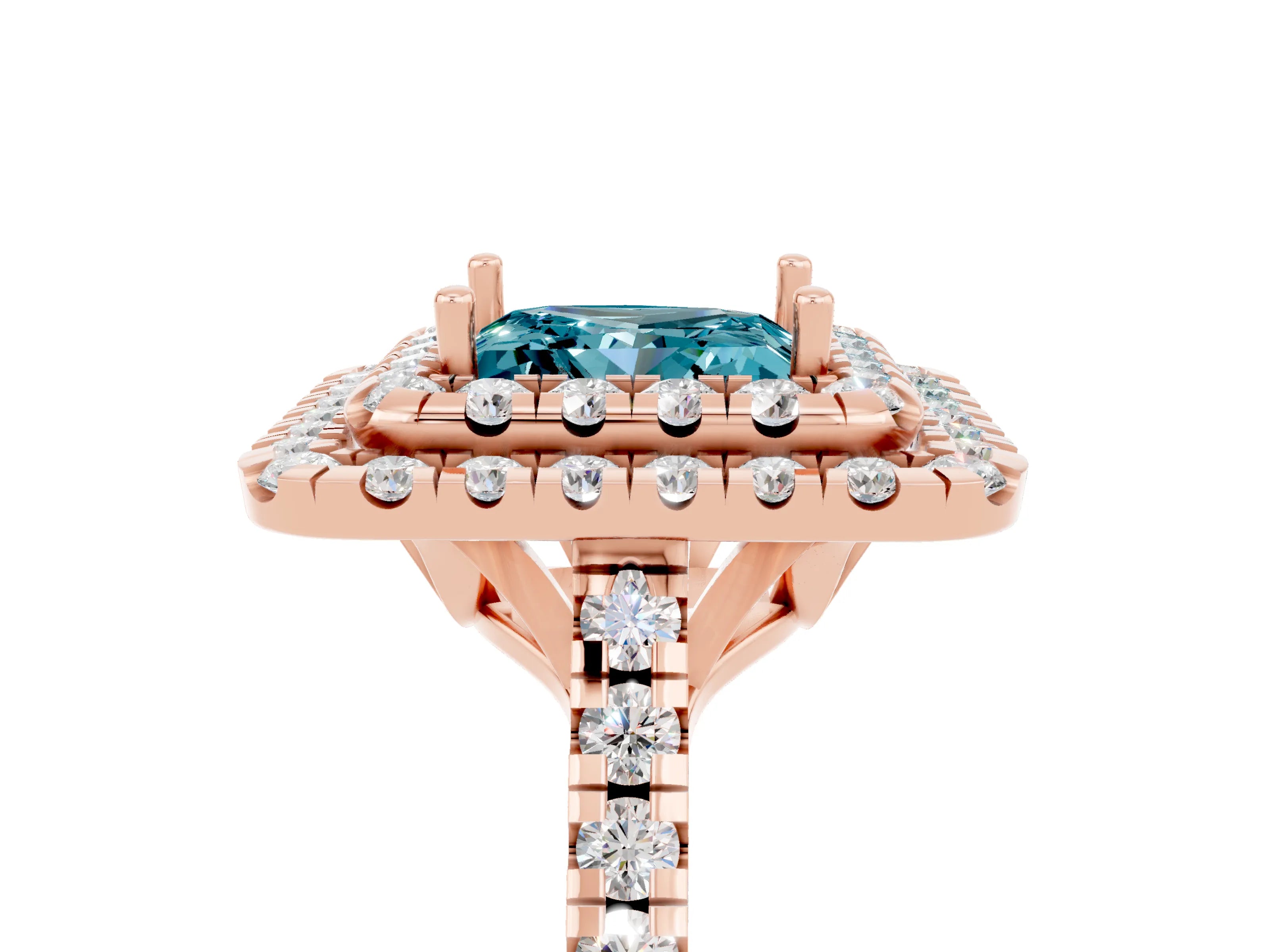 Rose gold Double Halo Princess Cut Blue Topaz Pavé Band with Four-Prong Setting_5