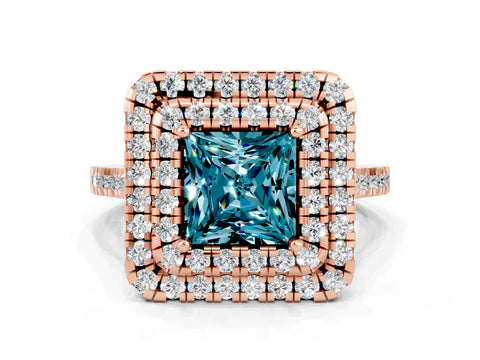 Rose gold Double Halo Princess Cut Blue Topaz Pavé Band with Four-Prong Setting