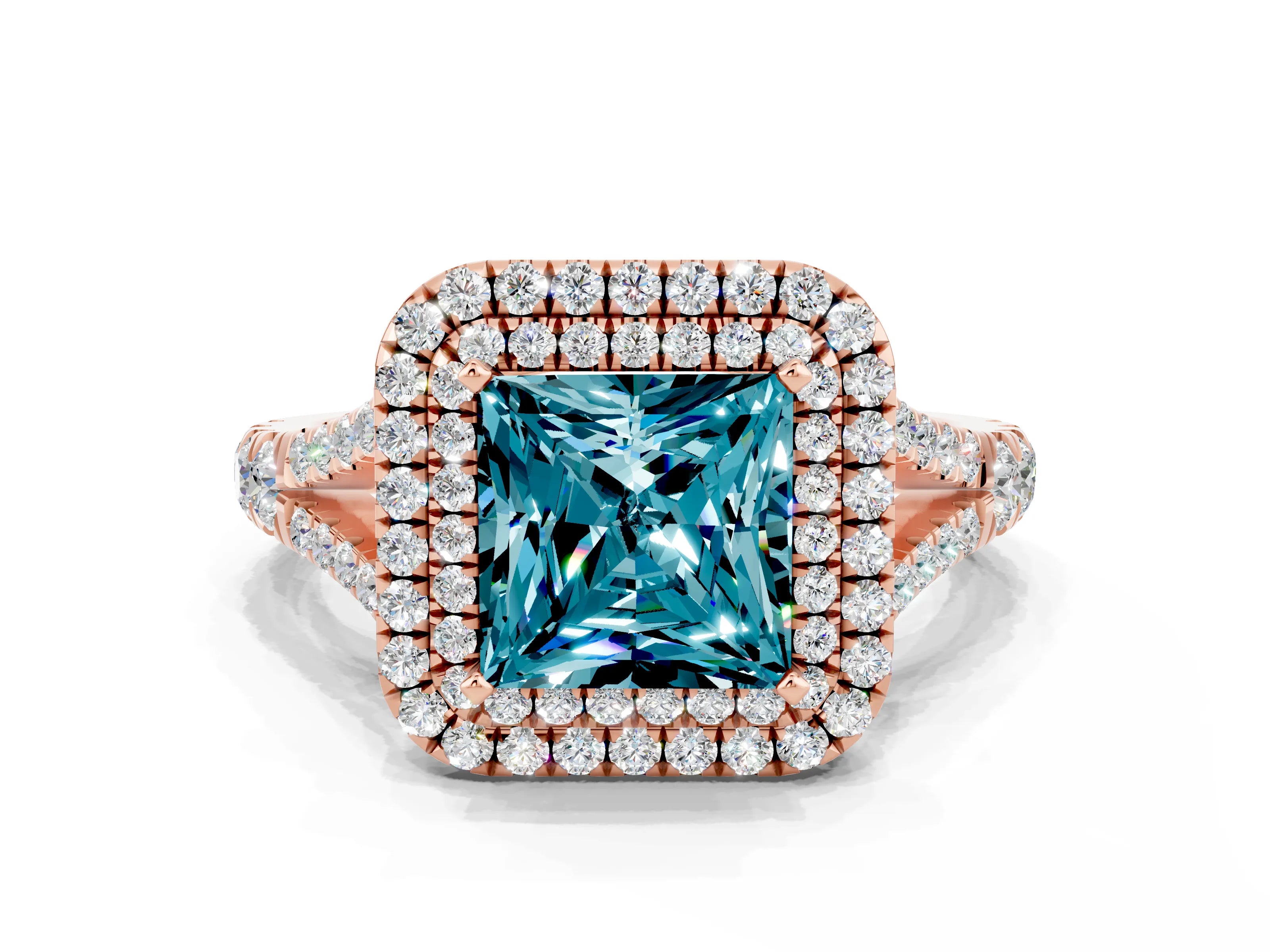 Rose gold Double Halo Princess Cut Blue Topaz Pavé Split Shank Ring with Prong Setting
