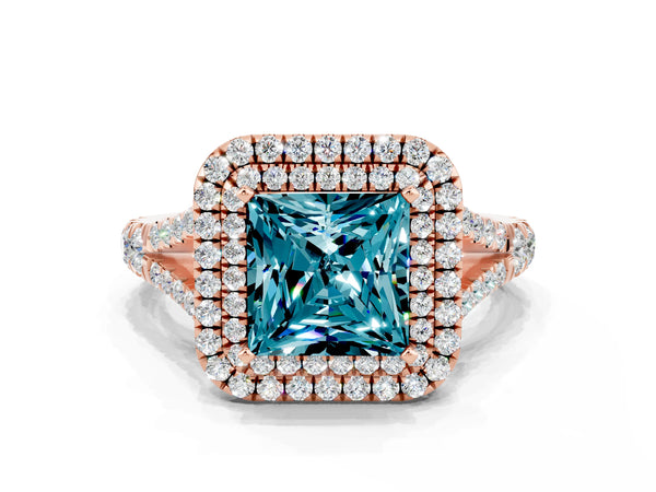 Rose gold Double Halo Princess Cut Blue Topaz Pavé Split Shank Ring with Prong Setting