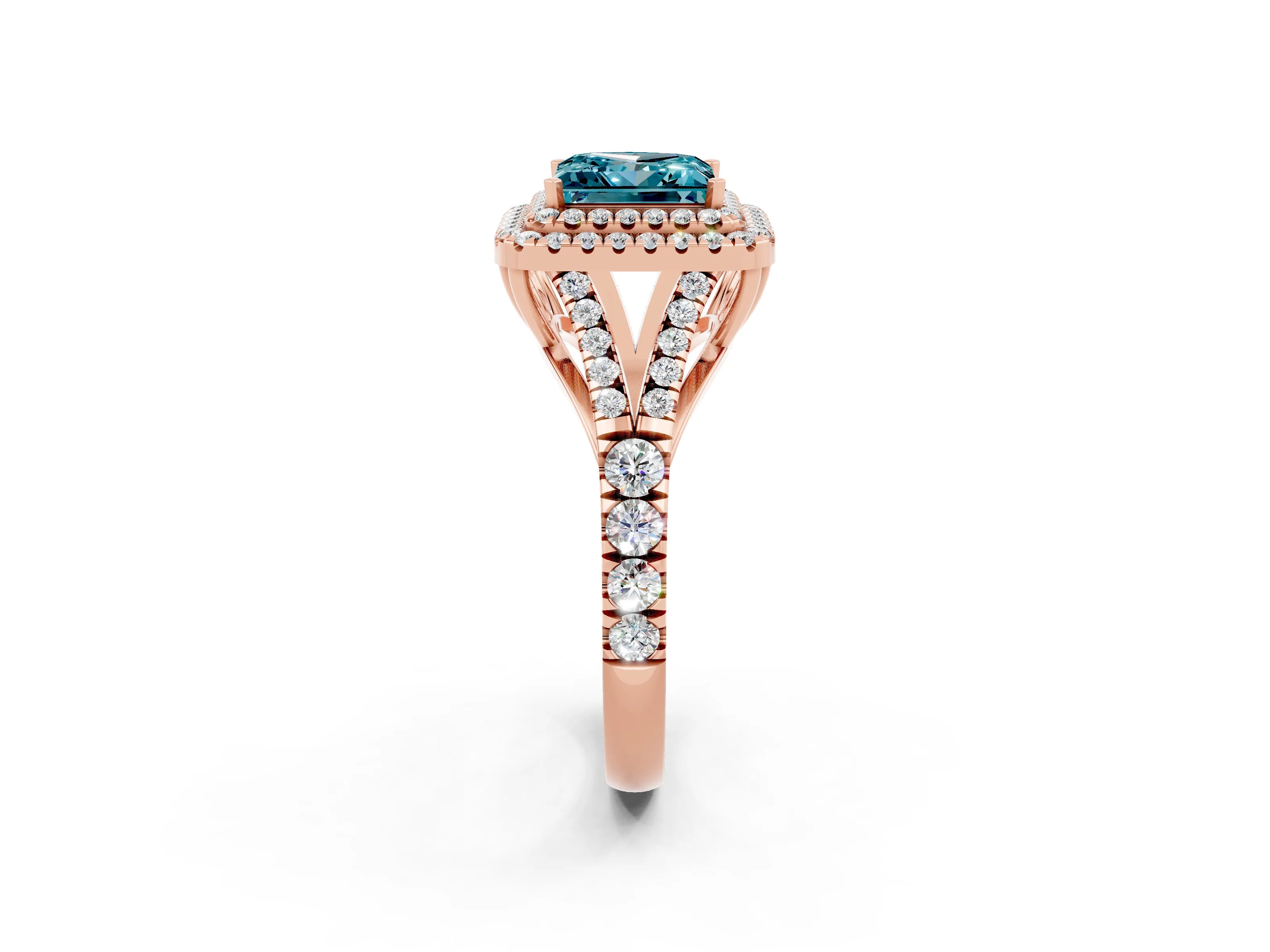 Rose gold Double Halo Princess Cut Blue Topaz Pavé Split Shank Ring with Prong Setting_2