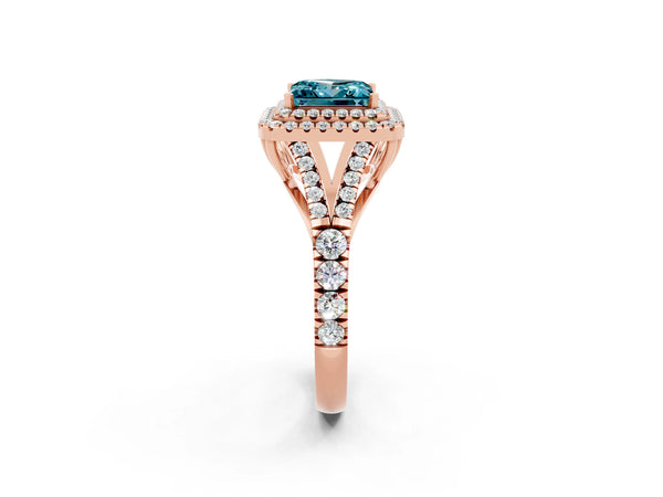 Rose gold Double Halo Princess Cut Blue Topaz Pavé Split Shank Ring with Prong Setting