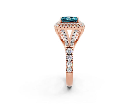 Rose gold Double Halo Princess Cut Blue Topaz Pavé Split Shank Ring with Prong Setting_2