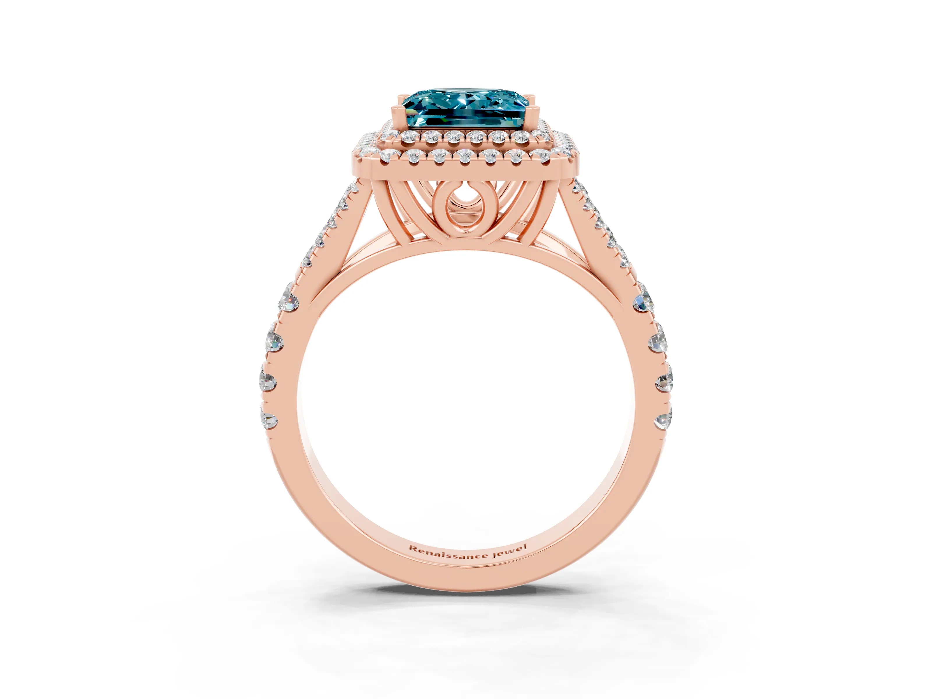 Rose gold Double Halo Princess Cut Blue Topaz Pavé Split Shank Ring with Prong Setting_3
