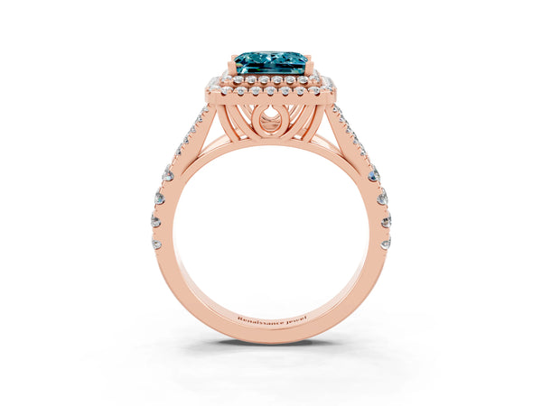 Rose gold Double Halo Princess Cut Blue Topaz Pavé Split Shank Ring with Prong Setting
