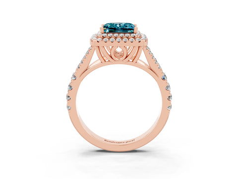 Rose gold Double Halo Princess Cut Blue Topaz Pavé Split Shank Ring with Prong Setting_3