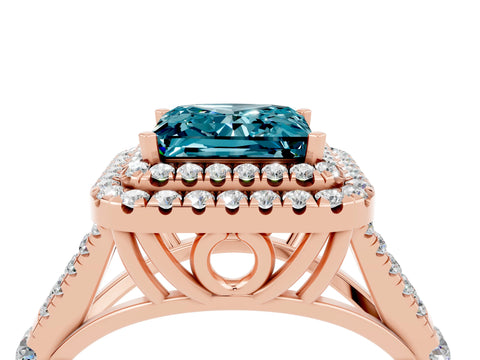 Rose gold Double Halo Princess Cut Blue Topaz Pavé Split Shank Ring with Prong Setting_4