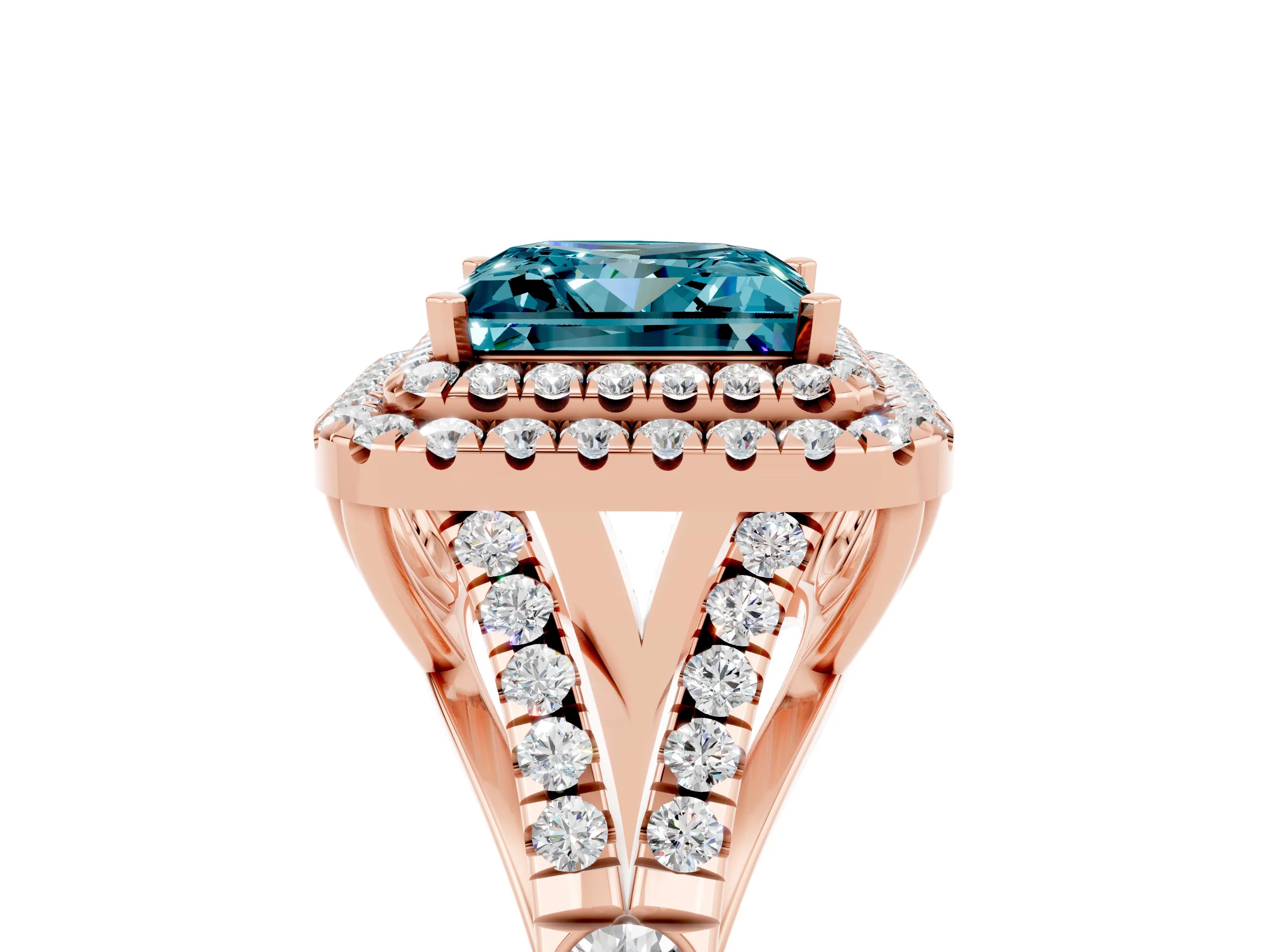Rose gold Double Halo Princess Cut Blue Topaz Pavé Split Shank Ring with Prong Setting_5
