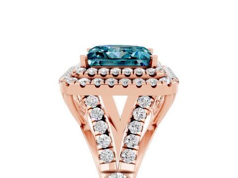 Rose gold Double Halo Princess Cut Blue Topaz Pavé Split Shank Ring with Prong Setting_5