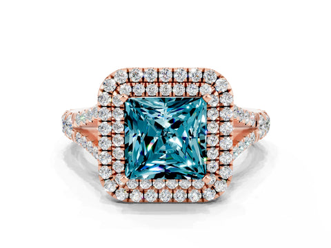 Rose gold Double Halo Princess Cut Blue Topaz Pavé Split Shank Ring with Prong Setting