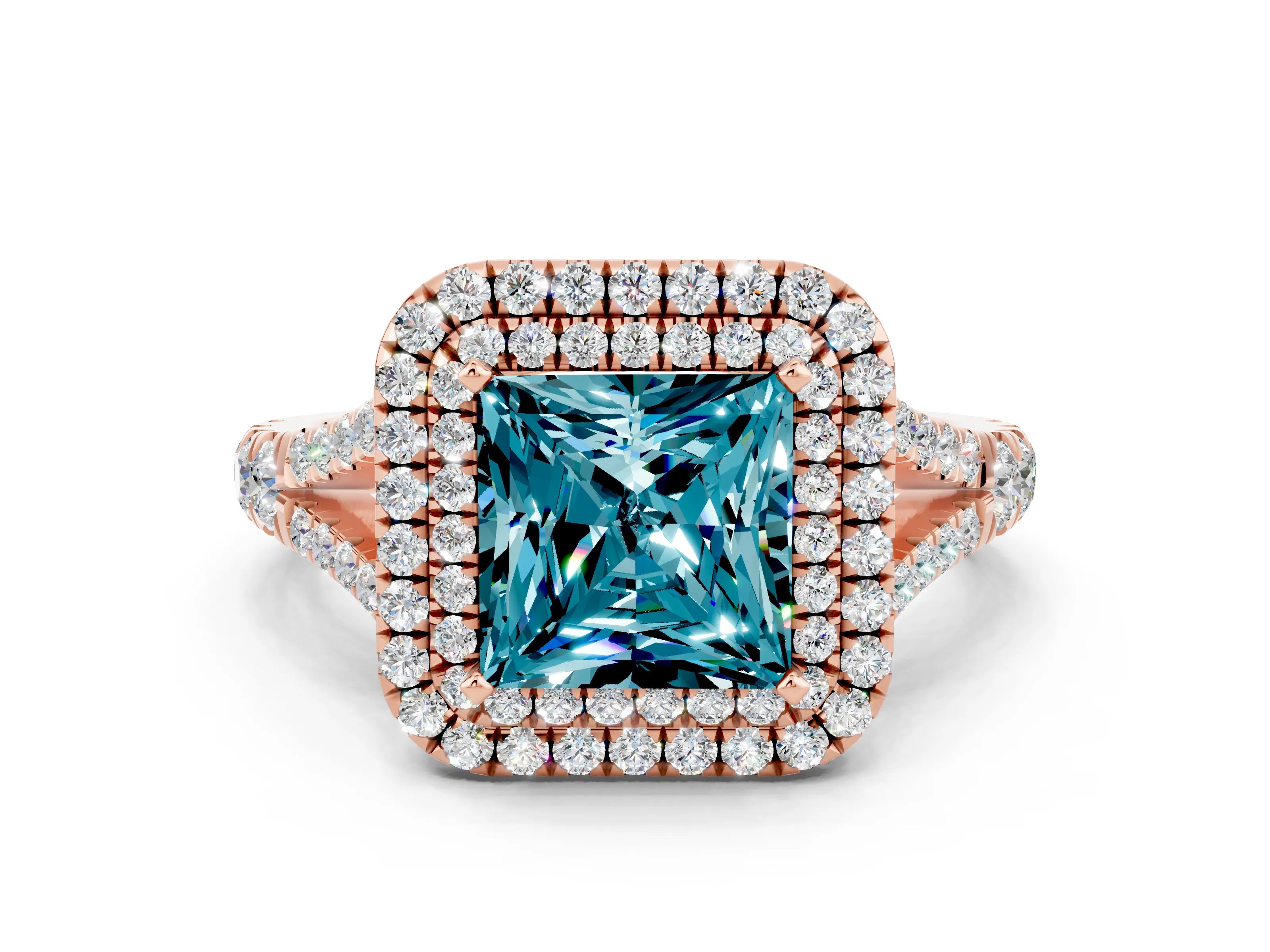 Rose gold Double Halo Princess Cut Blue Topaz Split Shank Engagement Ring with Four-Prong Setting