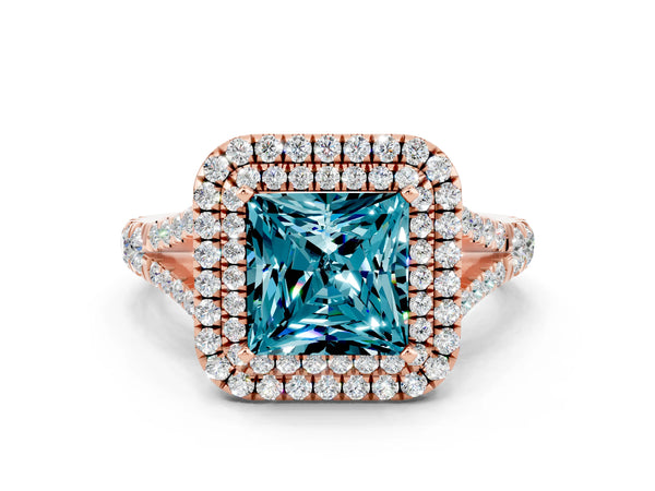 Rose gold Double Halo Princess Cut Blue Topaz Split Shank Engagement Ring with Four-Prong Setting