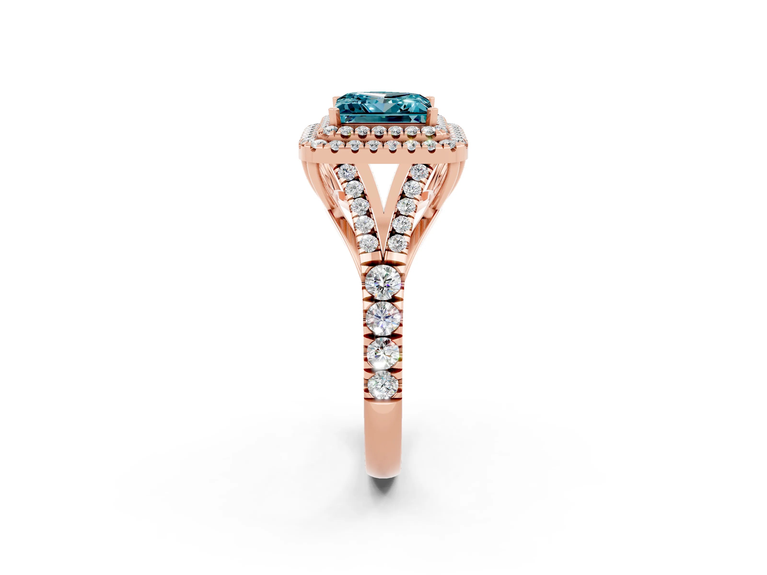 Rose gold Double Halo Princess Cut Blue Topaz Split Shank Engagement Ring with Four-Prong Setting_2