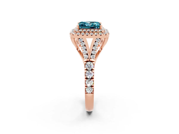 Rose gold Double Halo Princess Cut Blue Topaz Split Shank Engagement Ring with Four-Prong Setting