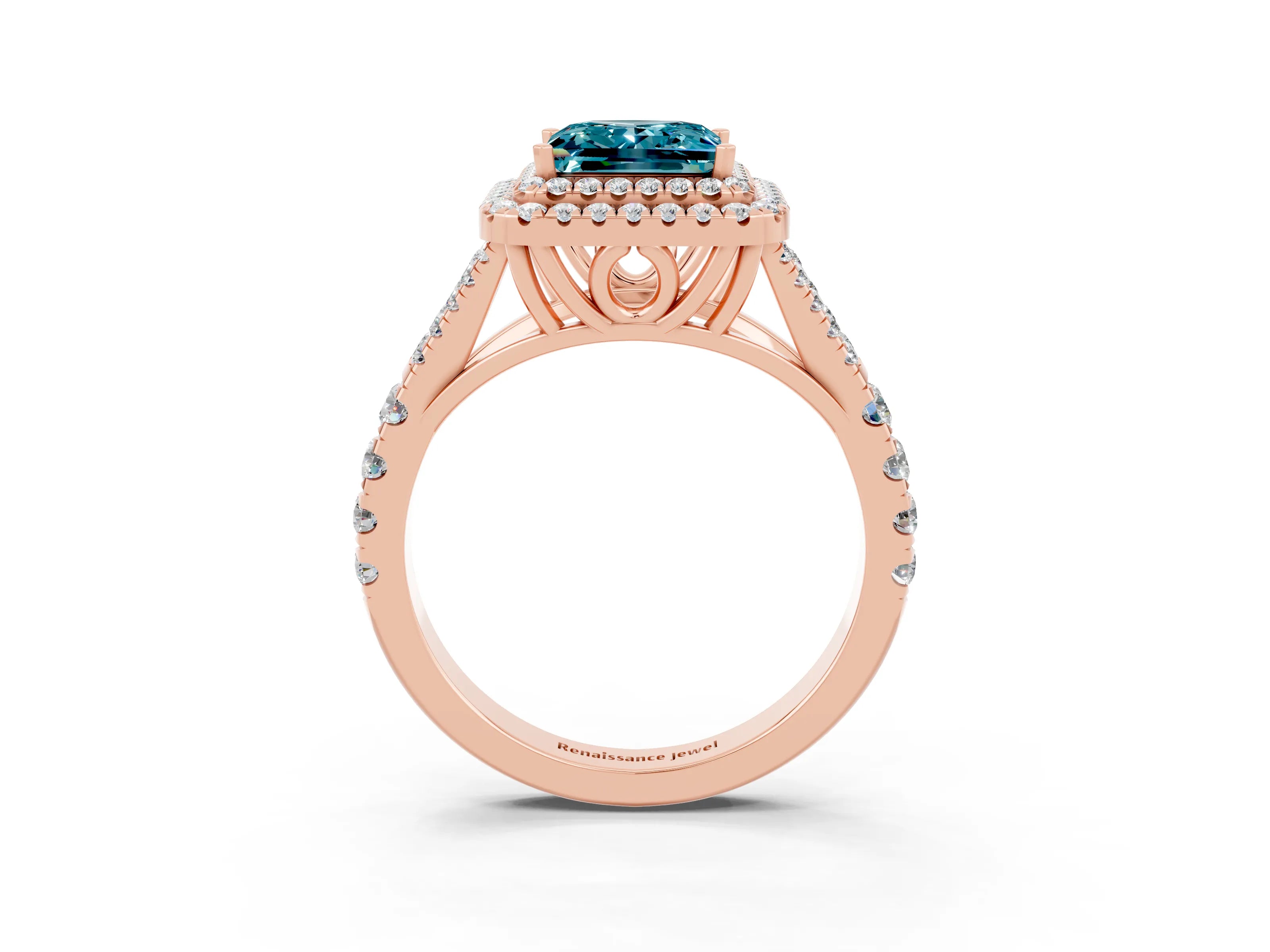 Rose gold Double Halo Princess Cut Blue Topaz Split Shank Engagement Ring with Four-Prong Setting_3