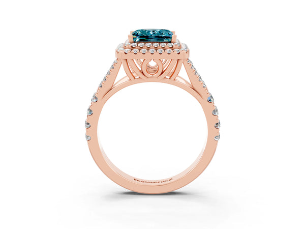 Rose gold Double Halo Princess Cut Blue Topaz Split Shank Engagement Ring with Four-Prong Setting