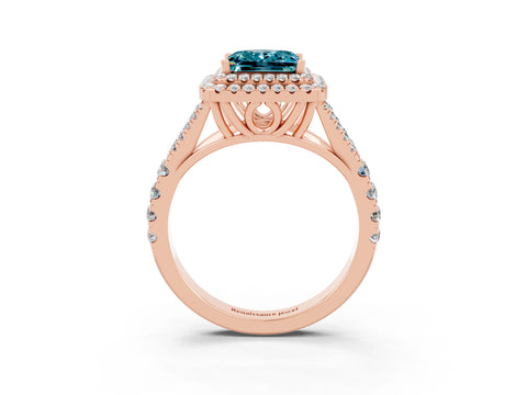 Rose gold Double Halo Princess Cut Blue Topaz Split Shank Engagement Ring with Four-Prong Setting_3