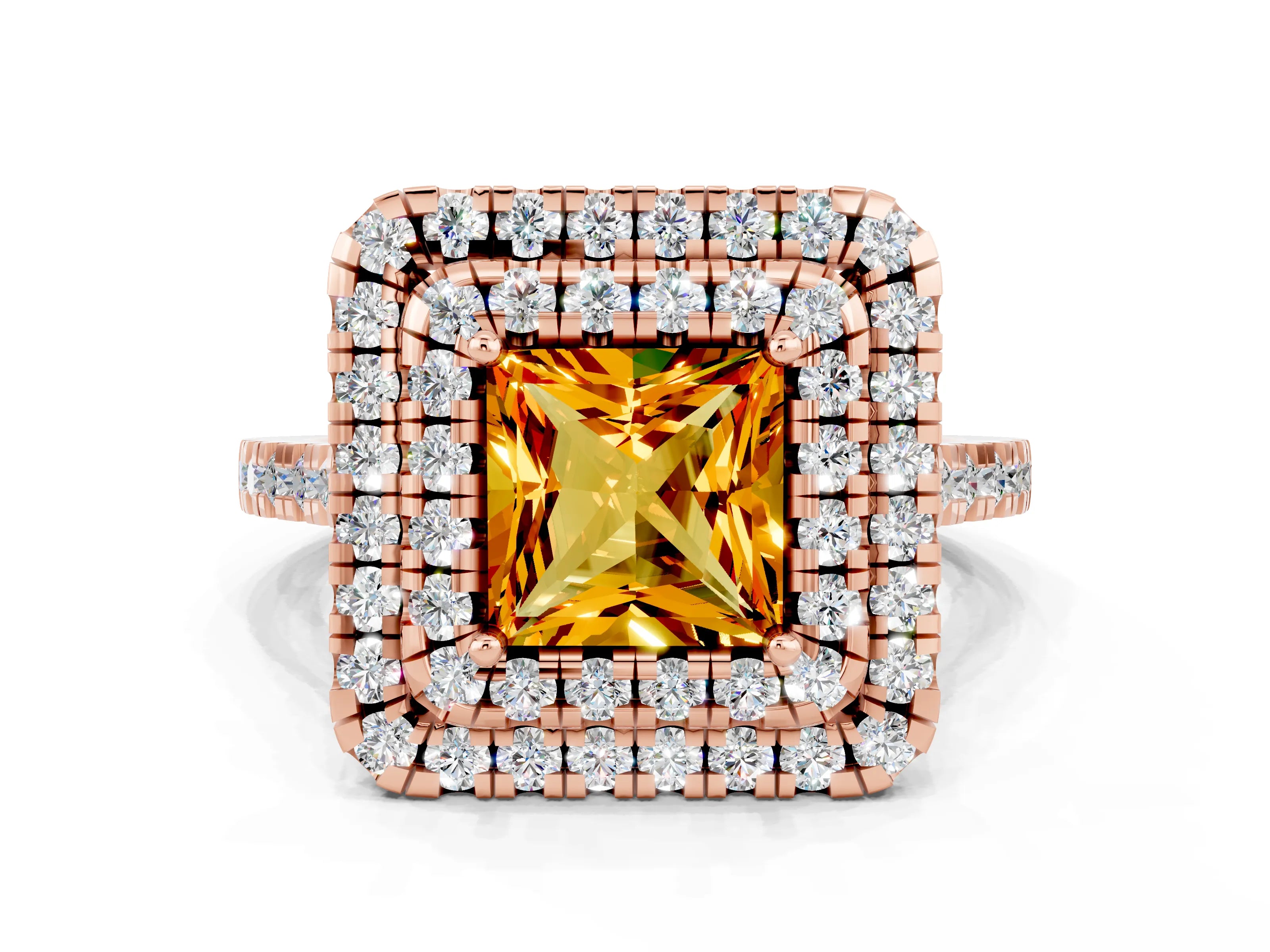 Rose gold Double Halo Princess Cut Citrine Pavé Band with Four-Prong Setting