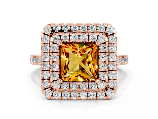 Rose gold Double Halo Princess Cut Citrine Pavé Band with Four-Prong Setting