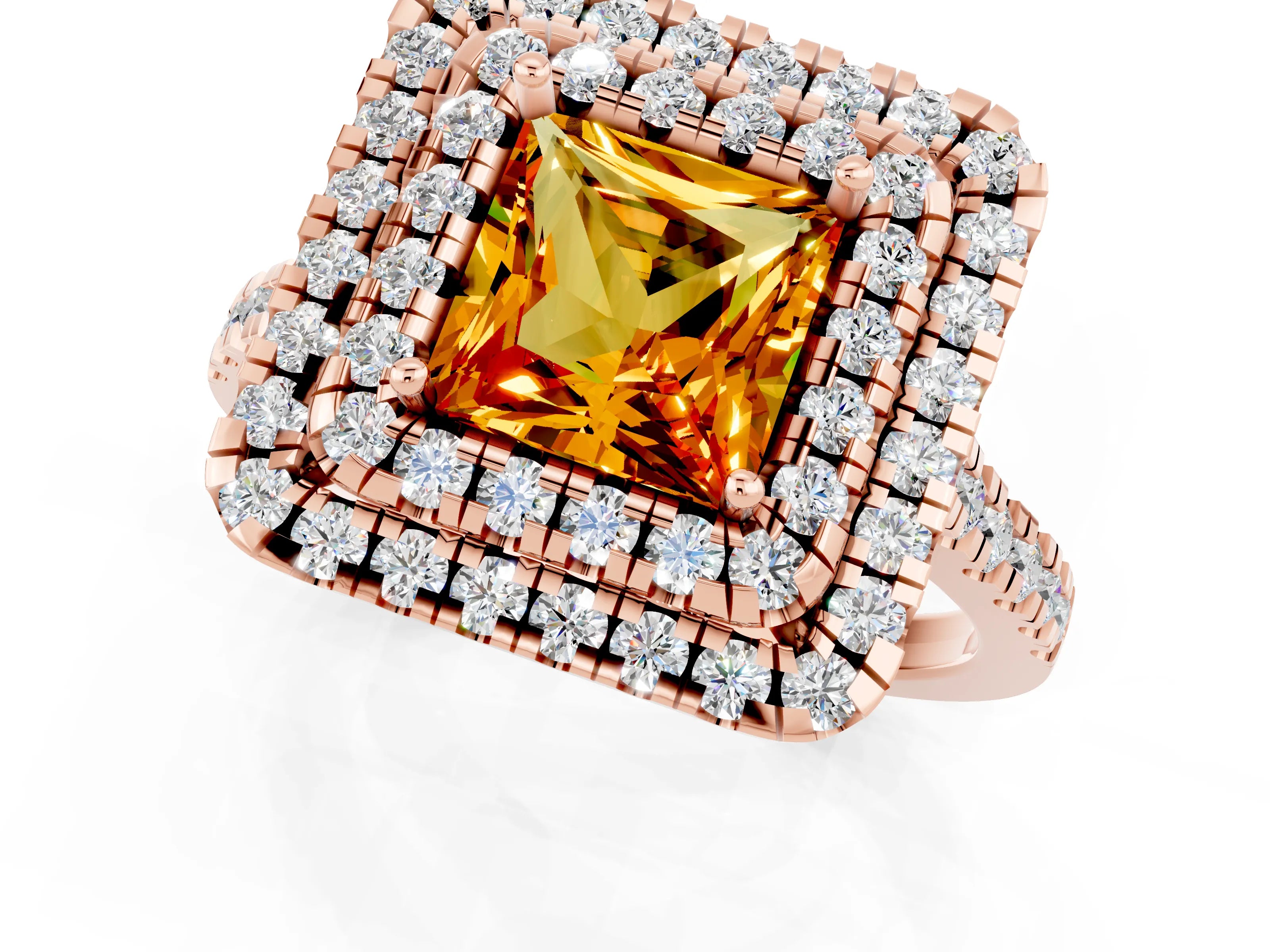 Rose gold Double Halo Princess Cut Citrine Pavé Band with Four-Prong Setting_1