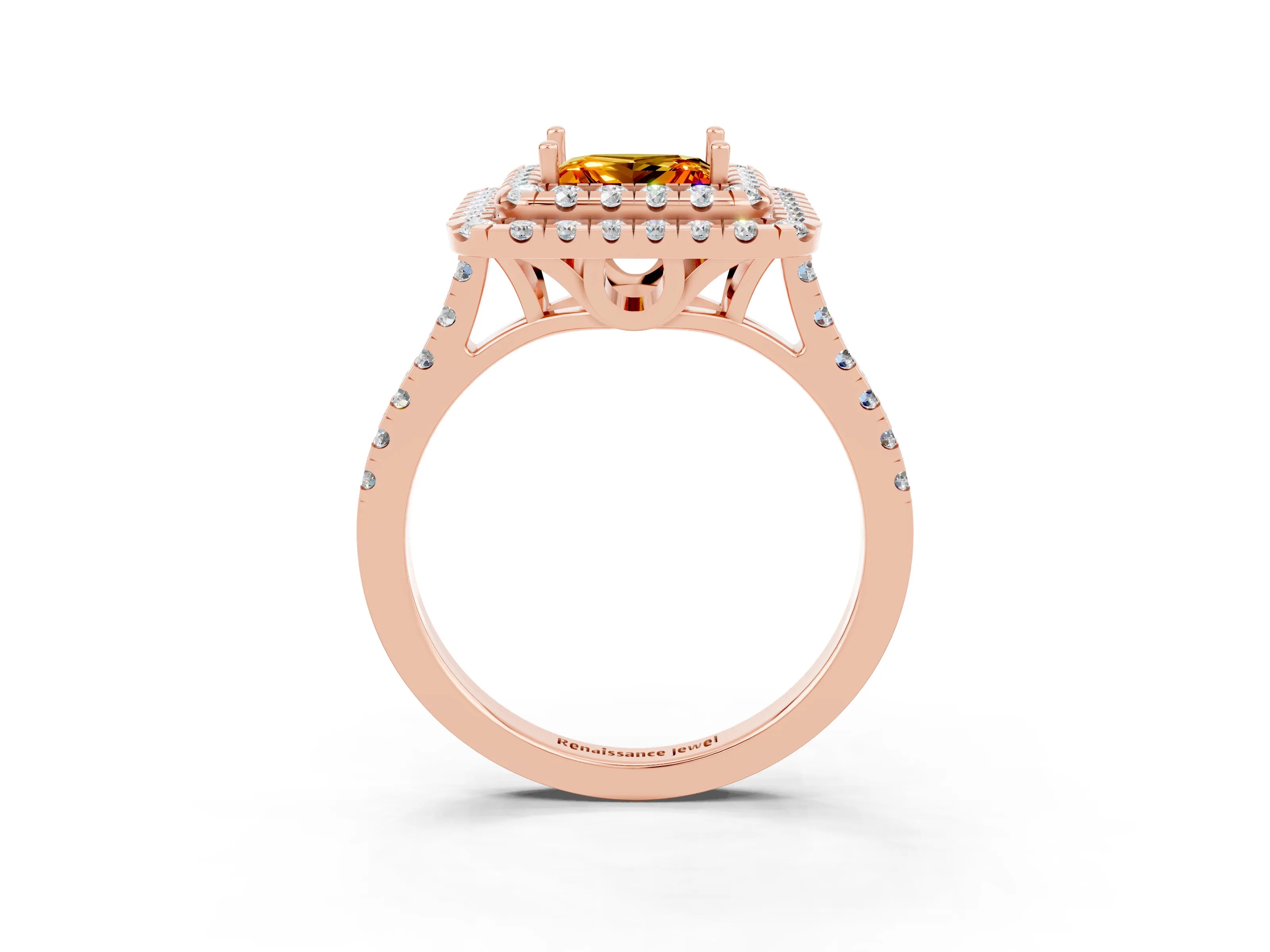 Rose gold Double Halo Princess Cut Citrine Pavé Band with Four-Prong Setting_3