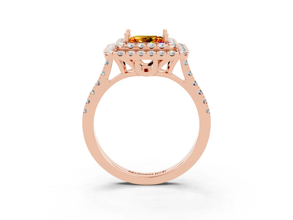 Rose gold Double Halo Princess Cut Citrine Pavé Band with Four-Prong Setting